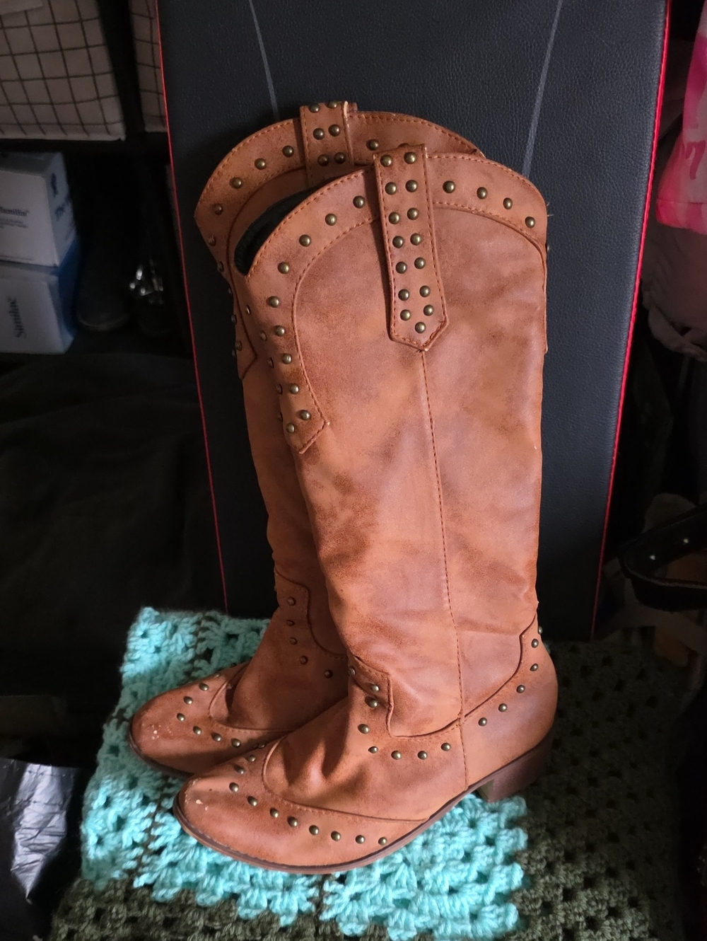 Amazon Brown Studded Western Knee-High Heeled Boots